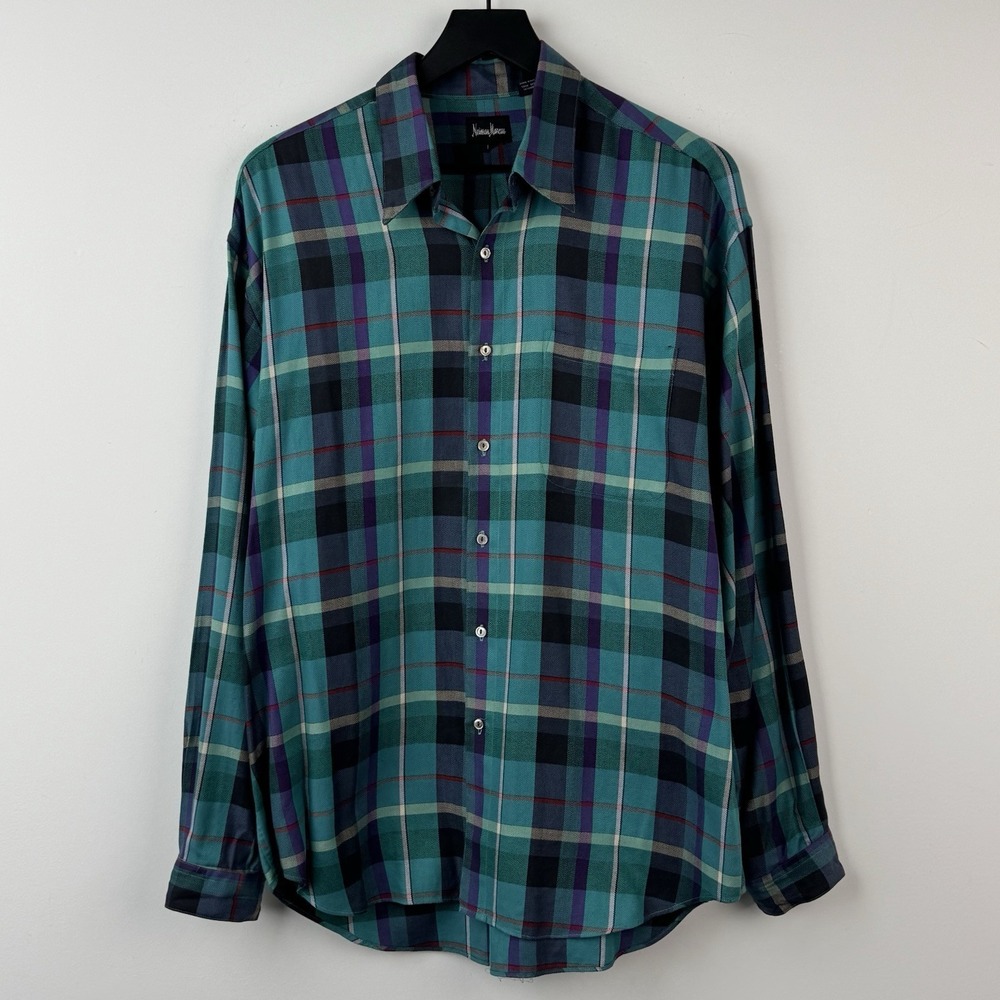 Neiman Marcus‎ Button Up Shirt Mens L Blue Green Plaid Casual Cotton Long Sleeve